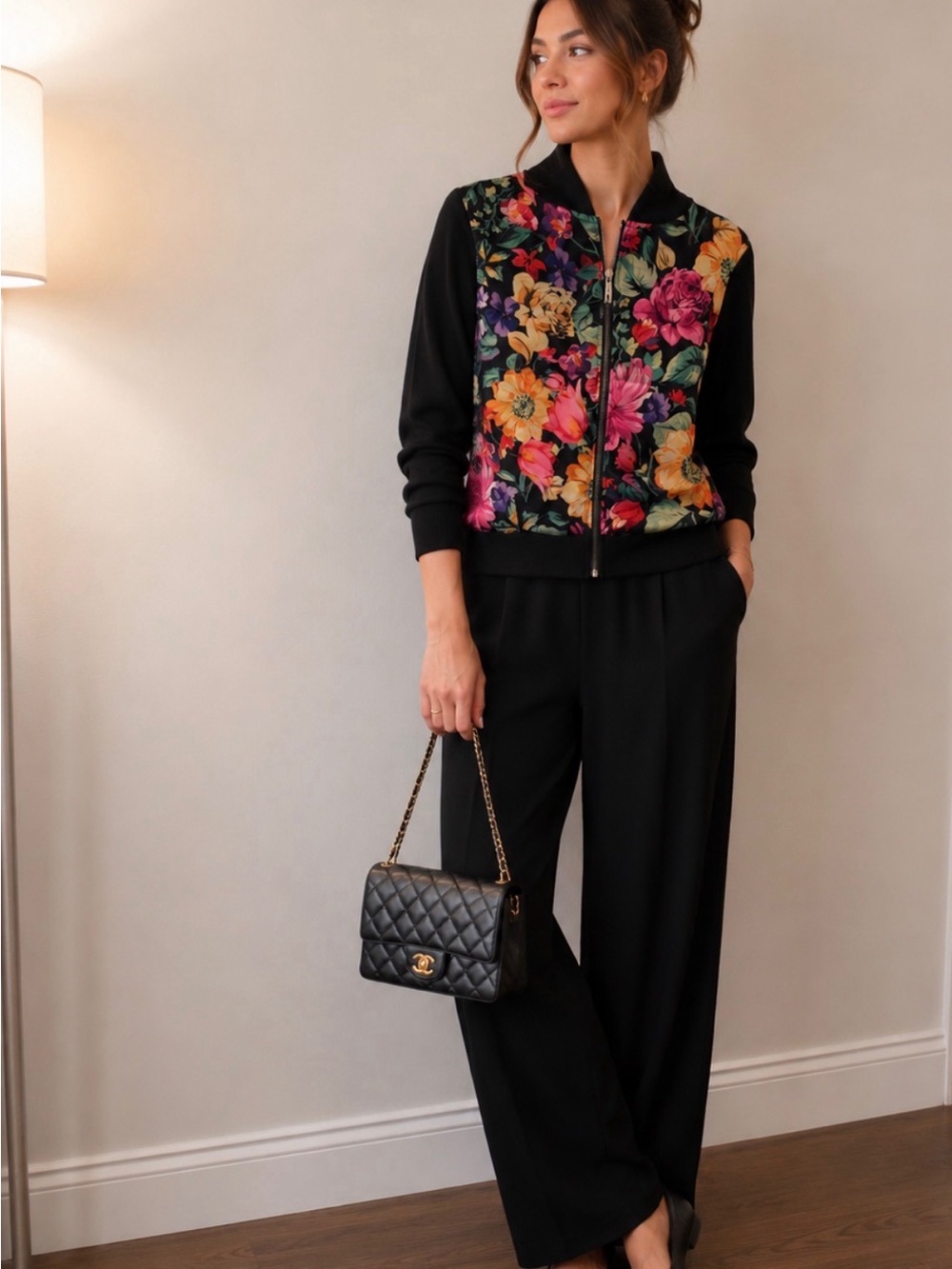 Sioni Black Hoodie Jacket with Colorful Floral Front Panel with Pants